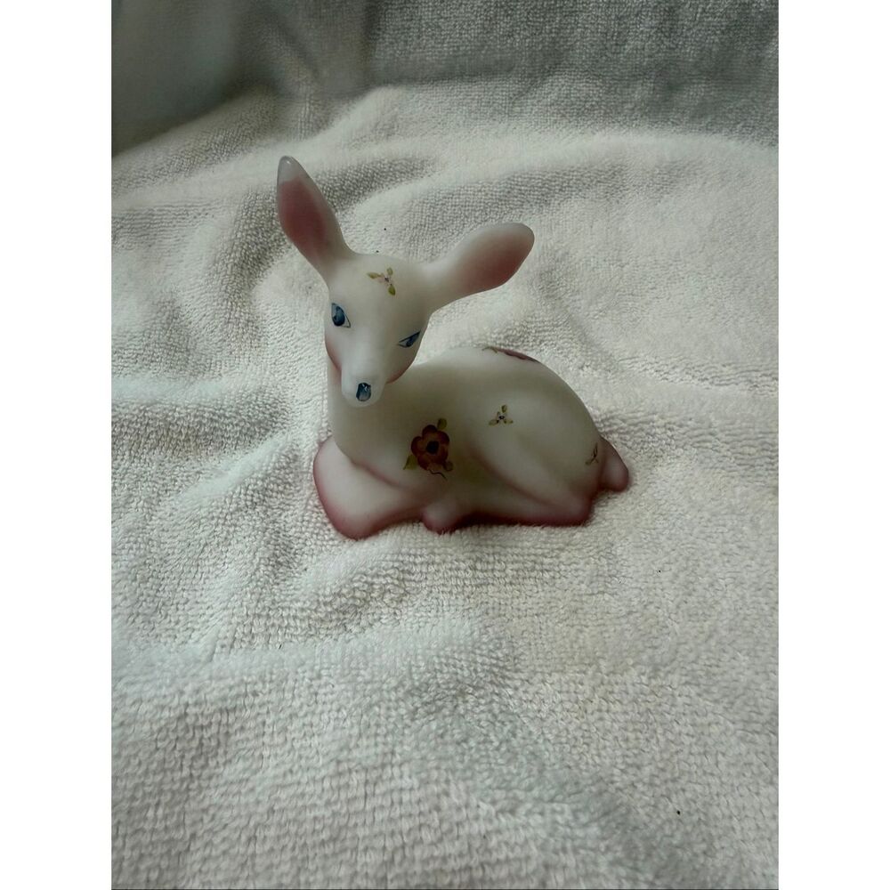 Fenton Glass Deer Fawn Hand Painted Berries & Blossoms Signed Vintage